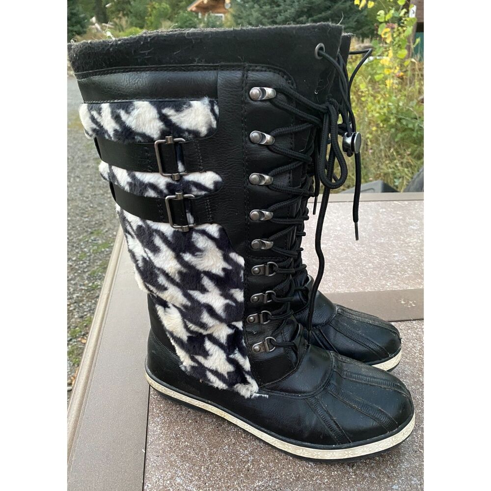 Esangli Houndstooth Faux Fur Tall Snow Duck Boots - Women’s Size 7.5 (EU 38)